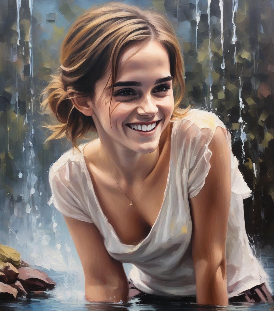  an oil palette knife painting of emma watson smiling turning water into wine in the style of bob ross, impasto and chiaroscuro