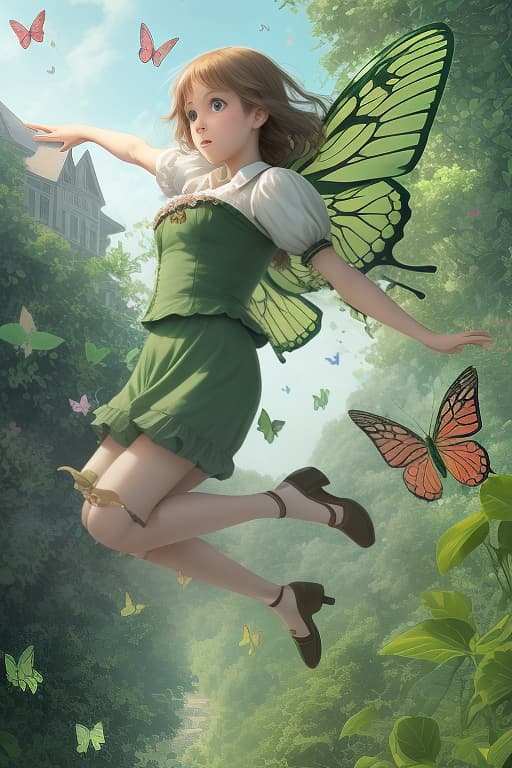  the plot is a general plan from afar, the girl goes on a tightrope at a height, against the background of green butterflies fly