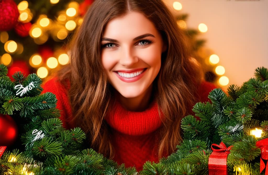  a smiling woman surrounded by festive decorations and pine wreaths, warm ar 3:2 {prompt}, maximum details