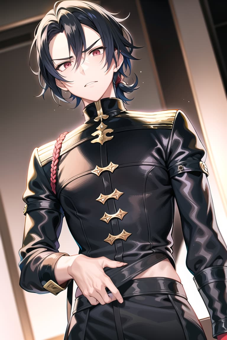  master piece , best quality,image/the character "felix" from the game fire emblem three houses.he is man. his hairstyle is a short black ponytail. he has red, slanted eyes. he has a furrowed brow, which makes him look a bit intimidating. he has his hair tied up high.