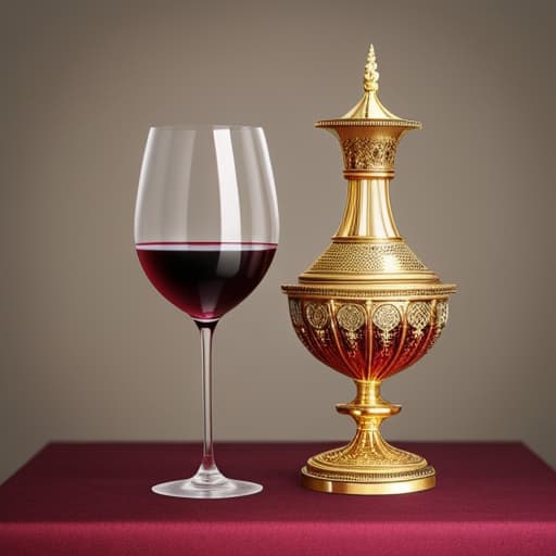  a large gold vintage wine goblet filled with red wine hyperrealistic, full body, detailed clothing, highly detailed, cinematic lighting, stunningly beautiful, intricate, sharp focus, f/1. 8, 85mm, (centered image composition), (professionally color graded), ((bright soft diffused light)), volumetric fog, trending on instagram, trending on tumblr, HDR 4K, 8K