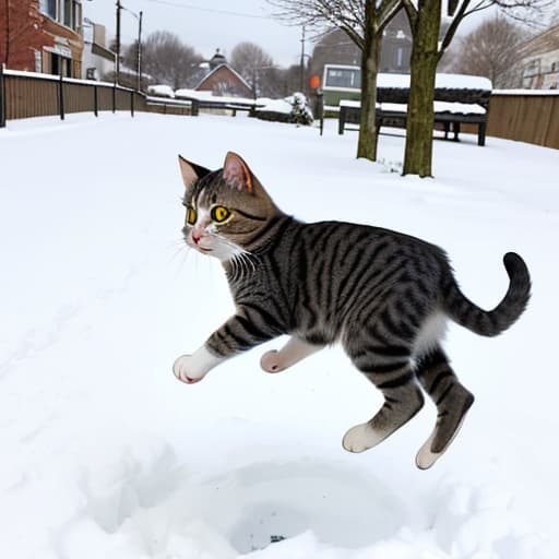  A cat jumping up in the snow, facing me,