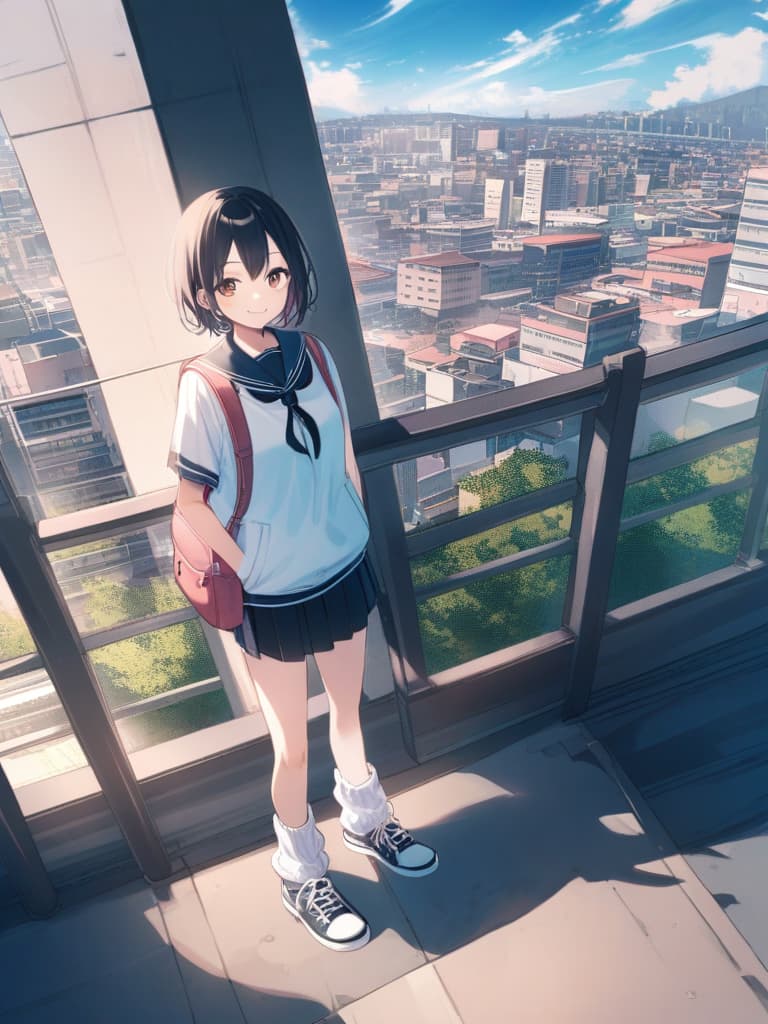   junior high , (male ), sailor suit, mini , transvese, short hair, cute smile, backpack, ultra long loose socks, bottom sneakers, whole body, city landscape,