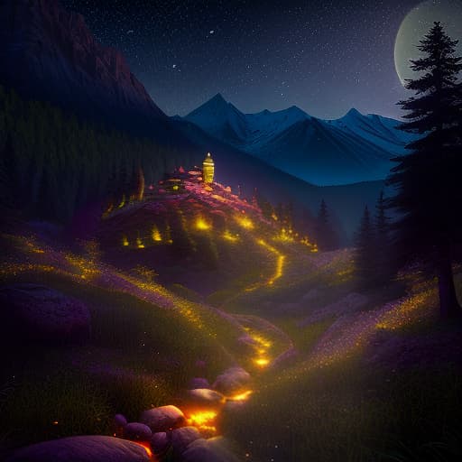  realistic magical world of mountains, fireflies, in light colors