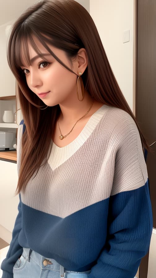  Woman with semi-long brown hair wearing dark blue sweater