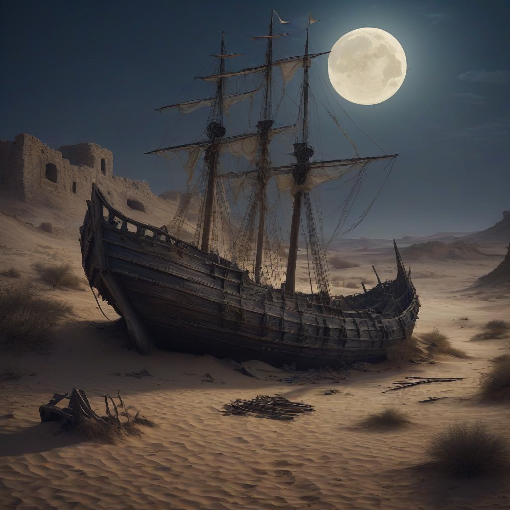  photorealism. ruins of a medieval sailing ship in the moonlight in the desert, many skeletons lie nearby.