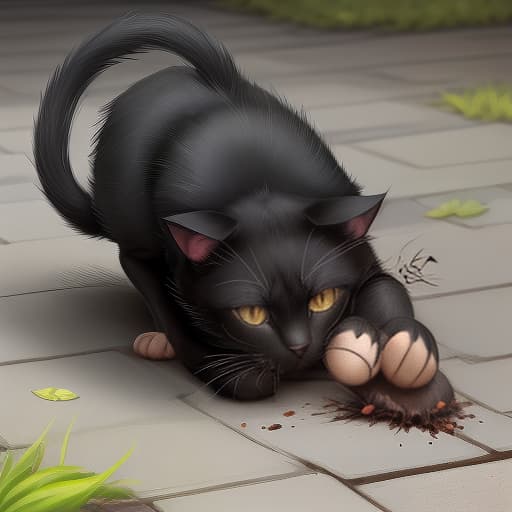  black painted cat crushed a rat with his paw