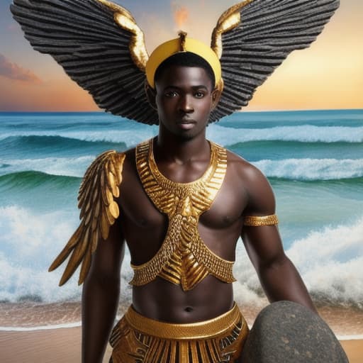  Mighty African male angel fully clothed in Israelite garb with wings. picks up big rock and toss it in sea.