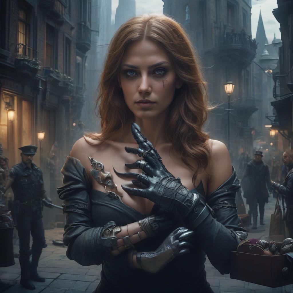  fantasy, woman, robber, prosthetic hand, city