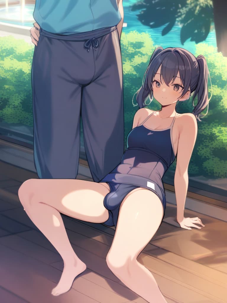  women's elementary students (male), twin tails, cute smiles, (rich s), low stature, dark blue swimwear, old swimwear, , simple (upward), male , (bulge), shaped clear , front , whole body, pool side,