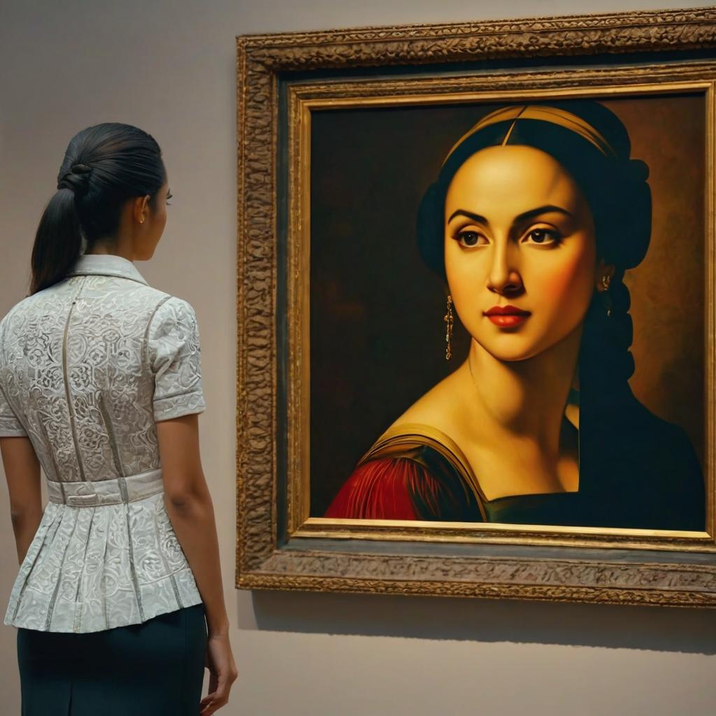  generate an image of a woman looking at a painting in a museum. the painting she looks at is also in the museum. she places her hands behind her back while looking at the painting photo realistic, highly intricate and detailed, masterpiece, ultra high res,photography,8k resolution