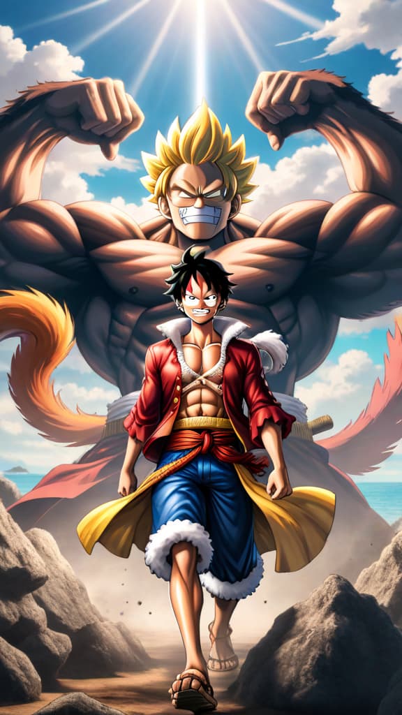  monkey d. luffy from one piece in gear 5 facing admiral akainu on a sunlit battlefield anime art hyperrealistic, full body, detailed clothing, highly detailed, cinematic lighting, stunningly beautiful, intricate, sharp focus, f/1. 8, 85mm, (centered image composition), (professionally color graded), ((bright soft diffused light)), volumetric fog, trending on instagram, trending on tumblr, HDR 4K, 8K