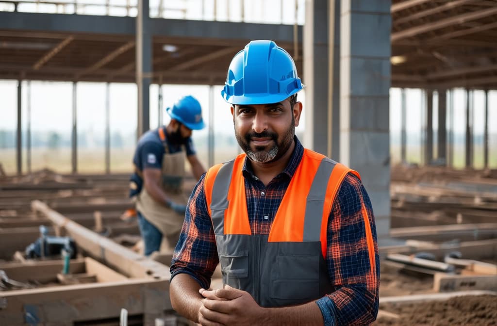  professional detailed photography, builder men working in building construction, looking at camera, blurred background ar 3:2, (muted colors, dim colors, soothing tones), (vsco:0.3)