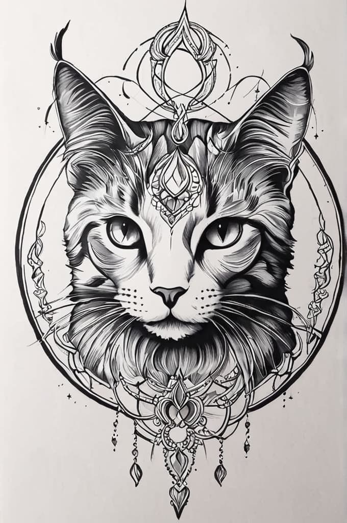  cat lover capricorn moon shilloute , (tattoo sketch:1.25), drawing