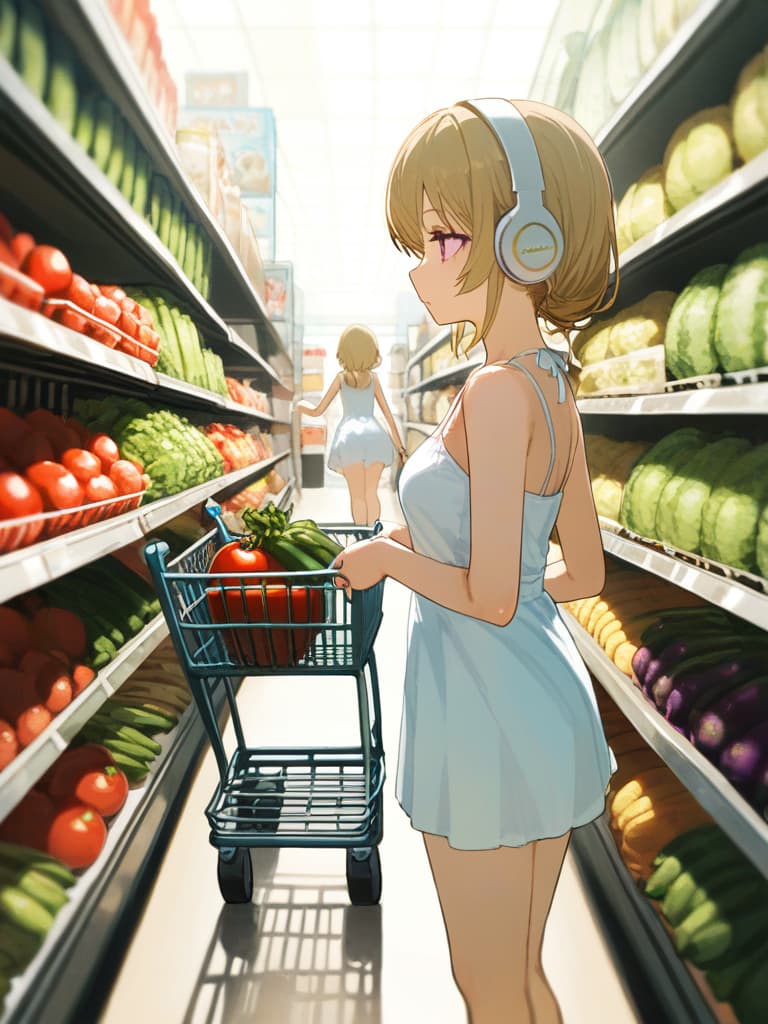  with tomatoes, blonde ponytails, white headphones, snakes on the legs, whole body, walking figure, girls on their arms, girls wearing white dresses, shopping carts, pressing shopping carts, gestures, shopping carts. contains eggplant and celery, small wings on the back, masterpiece, best quality,8k,ultra detailed,high resolution,an extremely delicate and beautiful,hyper detail