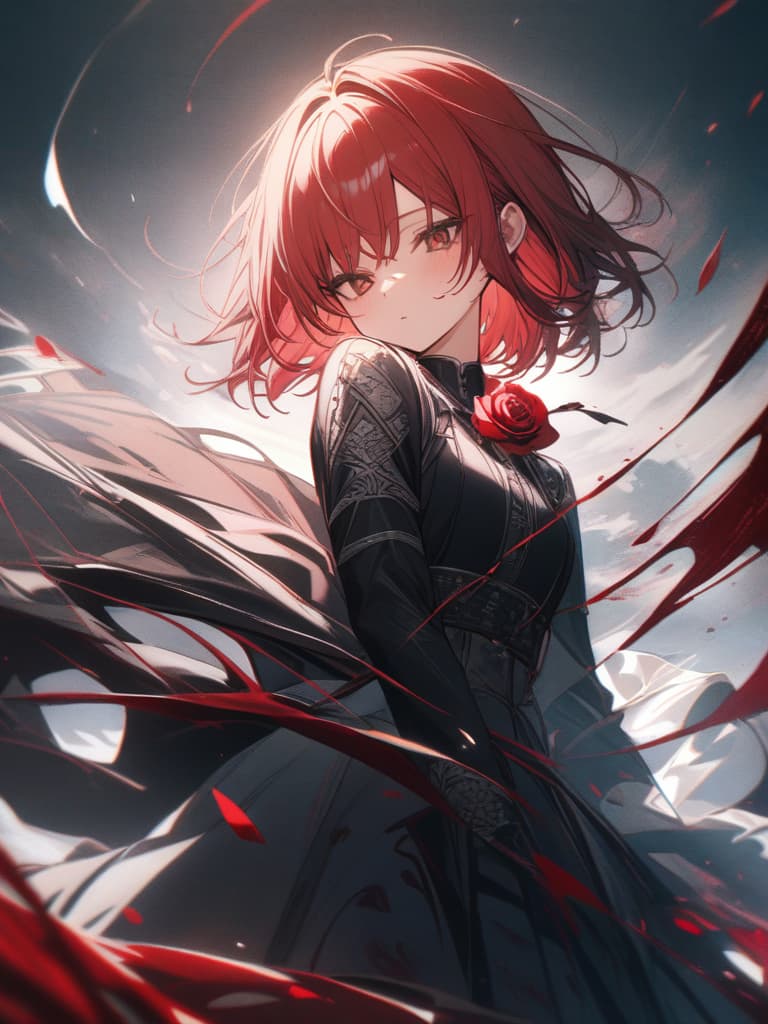  a girl with a rose of one wheel, cool, short hair, red hair like blood, blood like blood, painful, girl, masterpiece, best quality,8k,ultra detailed,high resolution,an extremely delicate and beautiful,hyper detail