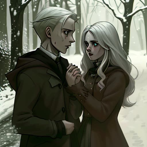  two adults in the image. hermione granger and draco malfoy. a guy with a girl on the background of a snowy forest. the picture should feel tension, fear, on the street at night. the girl holds his hands and cries. their hands are stained in red. hermione brown hair guy has white hair the picture is dark, frightening, dark tones