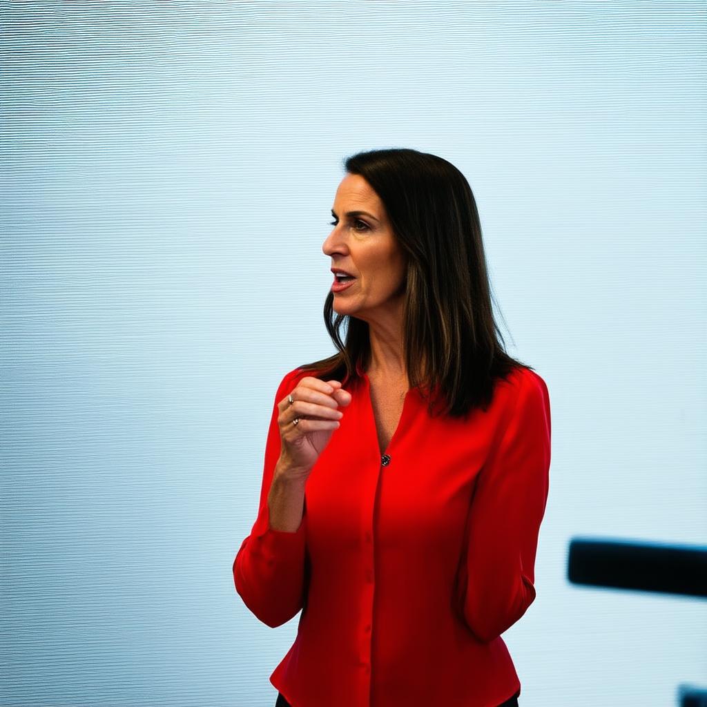  professional detailed photography, female teacher in a red blouse, standing in profile to the viewer, speaking inspiringly and emotionally on a light blurred background, (muted colors, dim colors, soothing tones), (vsco:0.3)