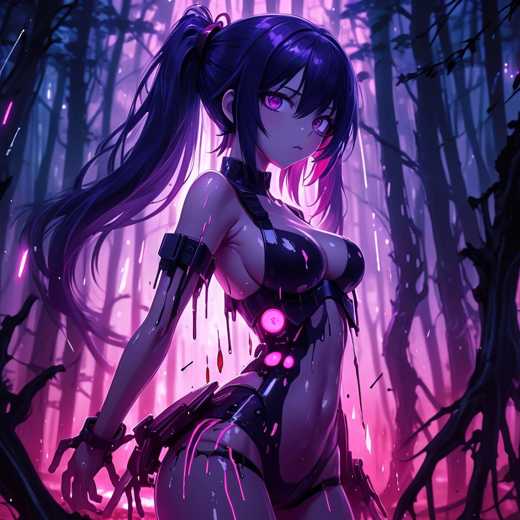  a woman standing in the middle of a forest, dark purple hair and cybernetics, nightcore, pink shadows, black goo, by maki haku, torrential rain of blood, sona, (art station), destruction around her, removed watermarks, halation, deep lighting