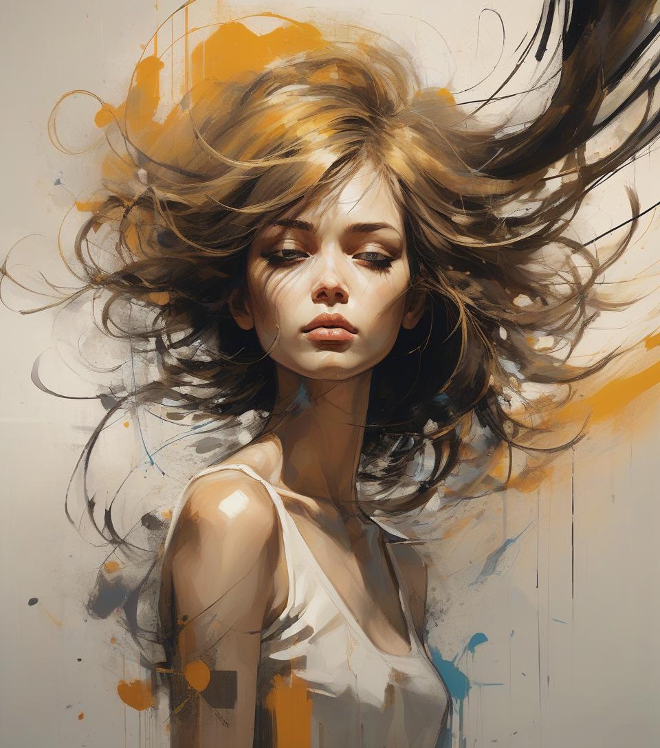  abstract expressionist painting perfect and dynamic digital painting, portrait of a beautiful woman, hair blown away by movement, quality, color, ink on canvas, outlines, complex line drawings, combining the styles of russ mills, sakimichan, wlop, loish, artgerm, darek zabrocki, takato yamamoto, pino daheny, jeremy mann, alex maleev and jean baptiste monge, greg rutkowski, minimalism, epic decor, artstation trend, artgerm, deviant art, octane, masterpiece, complex art, intricate details, poster matte paint film, golden ratio, trending on cgsociety, incredibly beautiful, high quality, sharp focus, vibrant colors, . energetic brushwork, bold colors, abstract forms, expressive, emotional