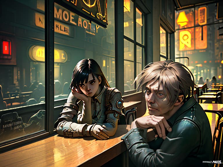  a man with a girl in a cafe during the apocalypse, concept art, illustrative, in color, digital artwork, highly detailed., ultra realistic, concept art, intricate details, highly detailed, photorealistic, octane render, 8k, unreal engine, sharp focus, volumetric lighting unreal engine. art by artgerm and alphonse mucha