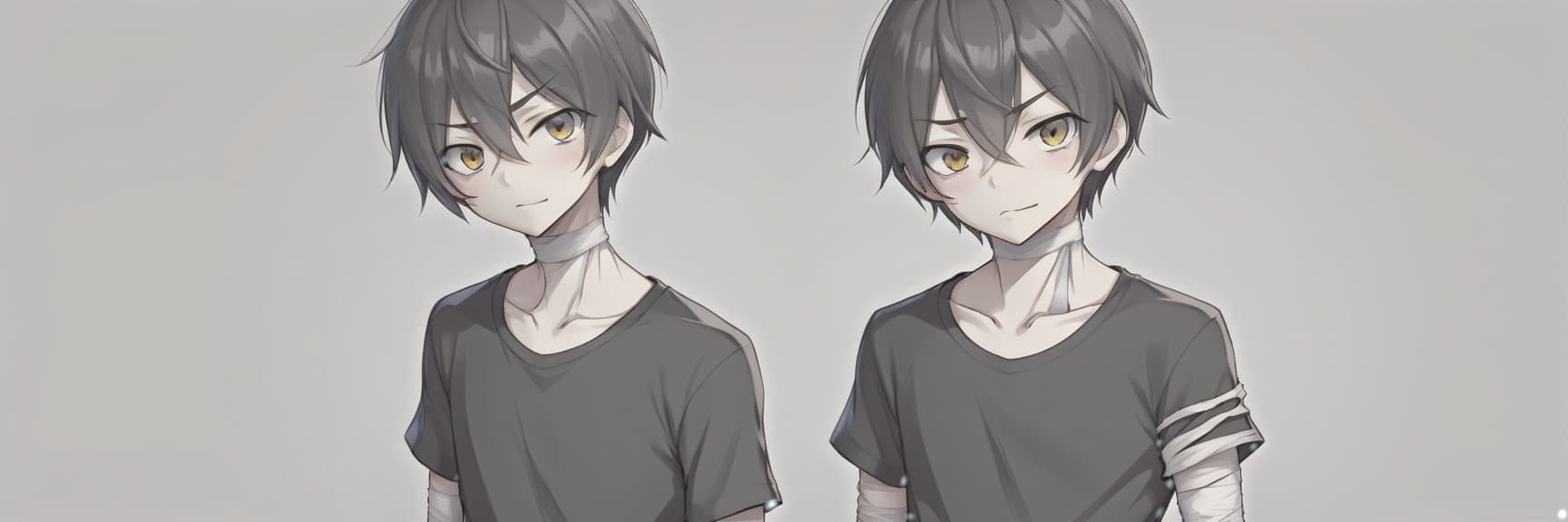  anime sketch. a guy with dull happiness on his face. dark gray eyes. slender body. bandaged forearms. black t shirt. short black hair. looking at the viewer. simple gray background. 4k. 8k. 16k. high resolution. hdr. high quality. insane detalisation