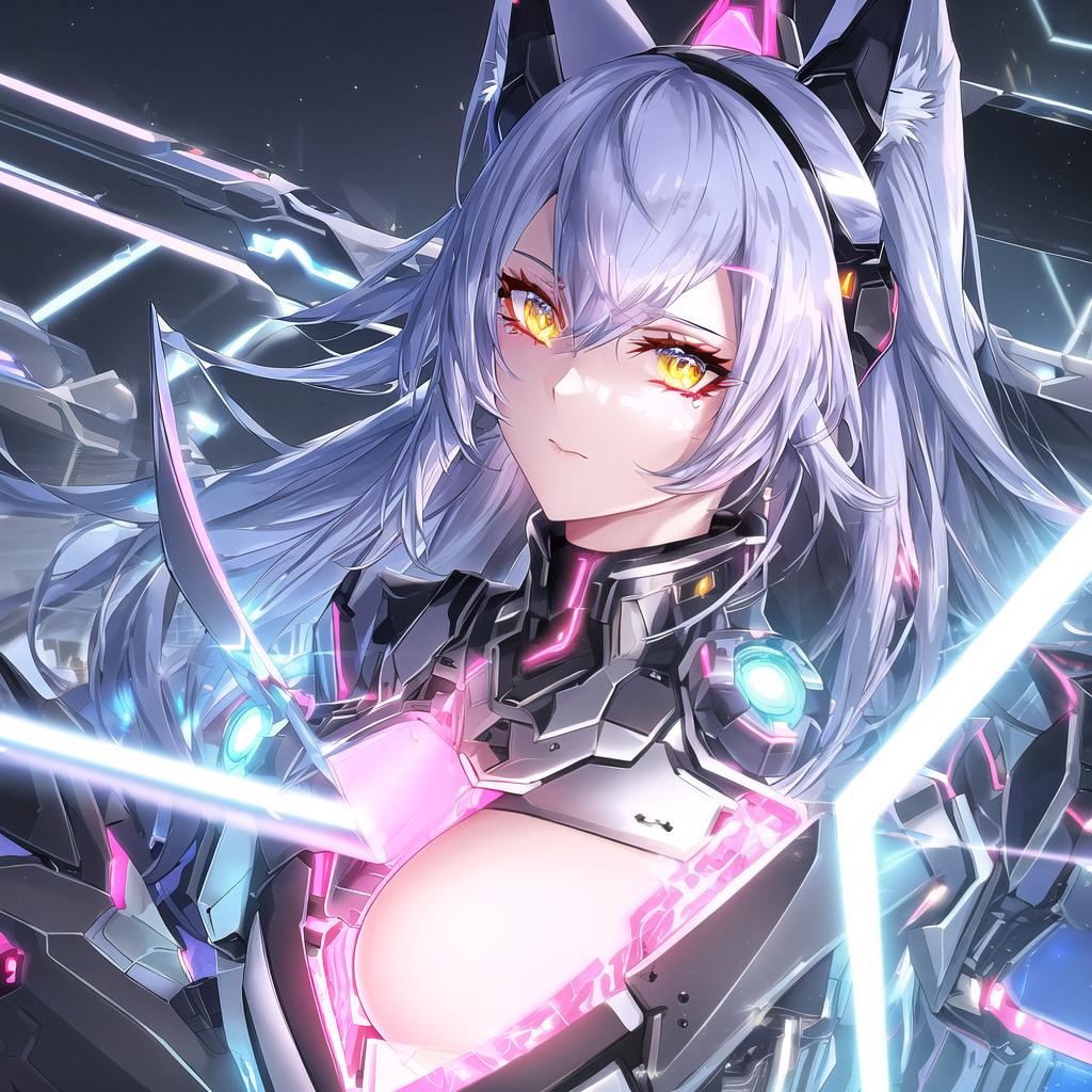  make an anime catgirl cyborg with blue long hair and piercing amber eyes. she does not have human ears but rather a pair of bionic cat ears on top of her head which are highly technological with lots of circuits and electronics. her face is serious and both her eyes are amber coloured. her ears glow with a pink light she has a pink shining crystal on her chest which glows and her body is made of a cyber advanced bionic armour of white metal. all of her facial features are humanoid and there's not indication on her face of her cyborg nature, but her neck downwards is all a technological masterpiece of electronics and technology. use anime style, no cgi style. she is sitting in front of a huge cyber punk style server with loads of lights a hyperrealistic, full body, detailed clothing, highly detailed, cinematic lighting, stunningly beautiful, intricate, sharp focus, f/1. 8, 85mm, (centered image composition), (professionally color graded), ((bright soft diffused light)), volumetric fog, trending on instagram, trending on tumblr, HDR 4K, 8K