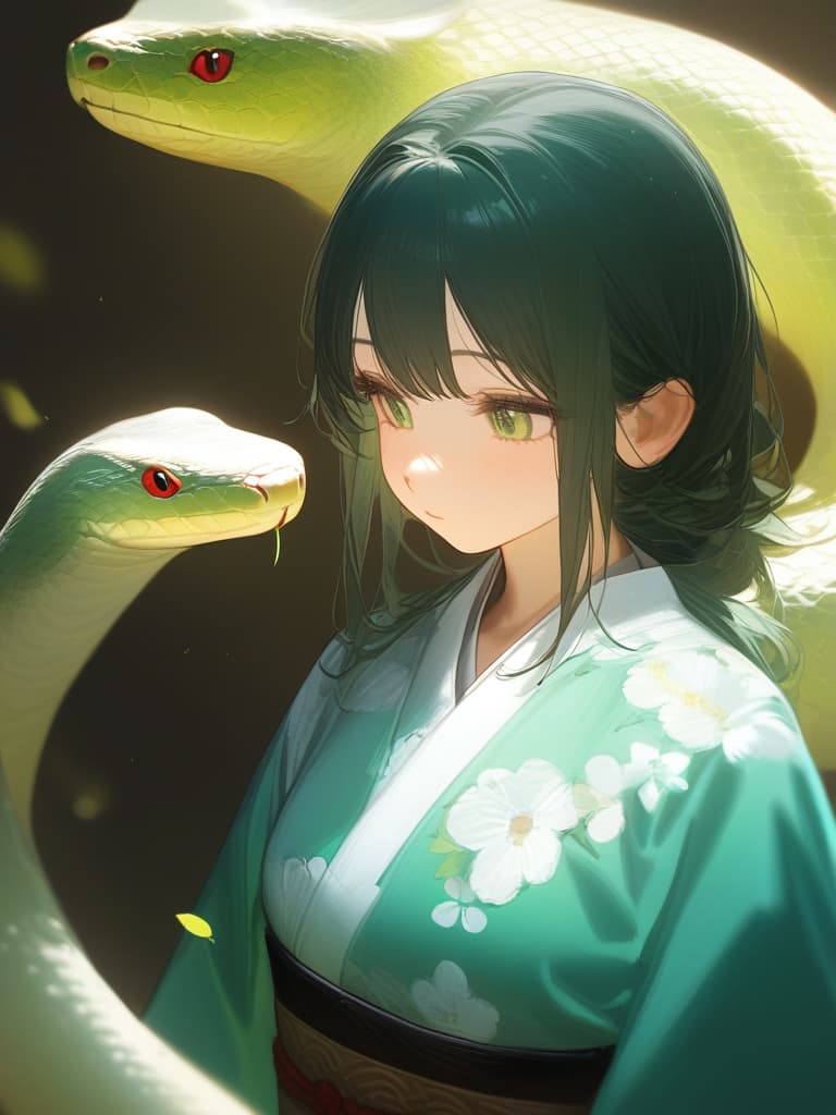  girl's profile picture,light green long hair,with bangs,light blue petals,realistic skin texture,detailed picture,close up,masterful painting,flat,kimono,girls,snake,background flowers,,cute,upper bod