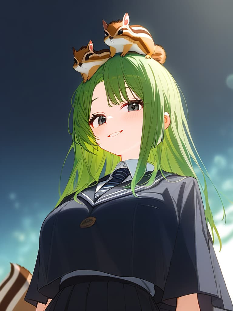  1girl,18yo,(((black high school uniform:1.5))),green hair, (((green graduated haircut hair:1.5))),(((very smile:1.3))),(((chipmunk on head:1.8)))