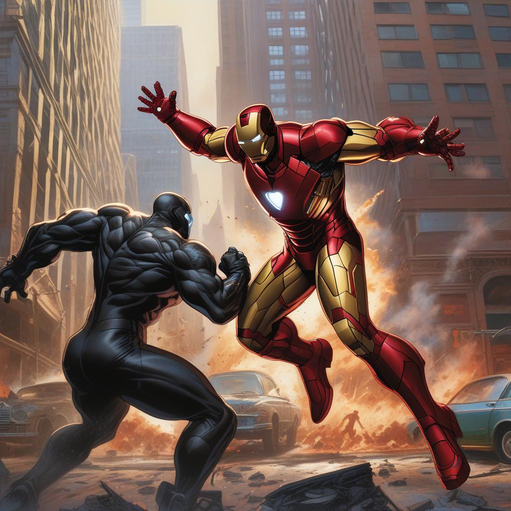  "an intense battle between iron man in his red and gold suit, flying mid air, and venom, a hulking black creature with sharp teeth, on a chaotic new york street. cars are overturned, debris and smoke fill the scene, and skyscrapers tower in the background as the two clash., realistic, portrait, art by donato giancola and greg rutkowski, realistic face, digital art, trending on artstation hyperrealistic, full body, detailed clothing, highly detailed, cinematic lighting, stunningly beautiful, intricate, sharp focus, f/1. 8, 85mm, (centered image composition), (professionally color graded), ((bright soft diffused light)), volumetric fog, trending on instagram, trending on tumblr, HDR 4K, 8K