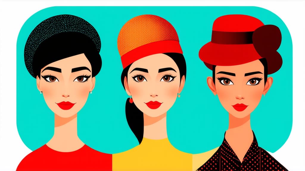  flat illustration, flaticon, (illustration:1.15), different beauty. set of different female heads in hats. different races and nationalities. colored hand drawn illustration ar 16:9, [cory loftis, strobist, pascal campion :: 0.2]