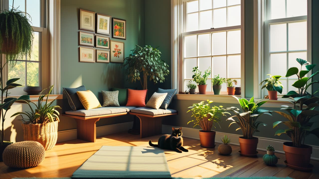  a cozy corner featuring a handmade cat tree, plush cushions, and a sunlit window seat, surrounded by potted plants and playful cat toys, inviting a serene atmosphere for feline relaxation. hyperrealistic, full body, detailed clothing, highly detailed, cinematic lighting, stunningly beautiful, intricate, sharp focus, f/1. 8, 85mm, (centered image composition), (professionally color graded), ((bright soft diffused light)), volumetric fog, trending on instagram, trending on tumblr, HDR 4K, 8K