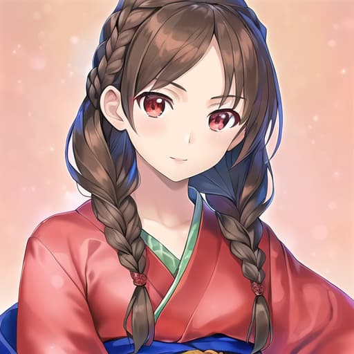  master piece , best quality,fragile girl, kimono, brown hair, red eyes, braids