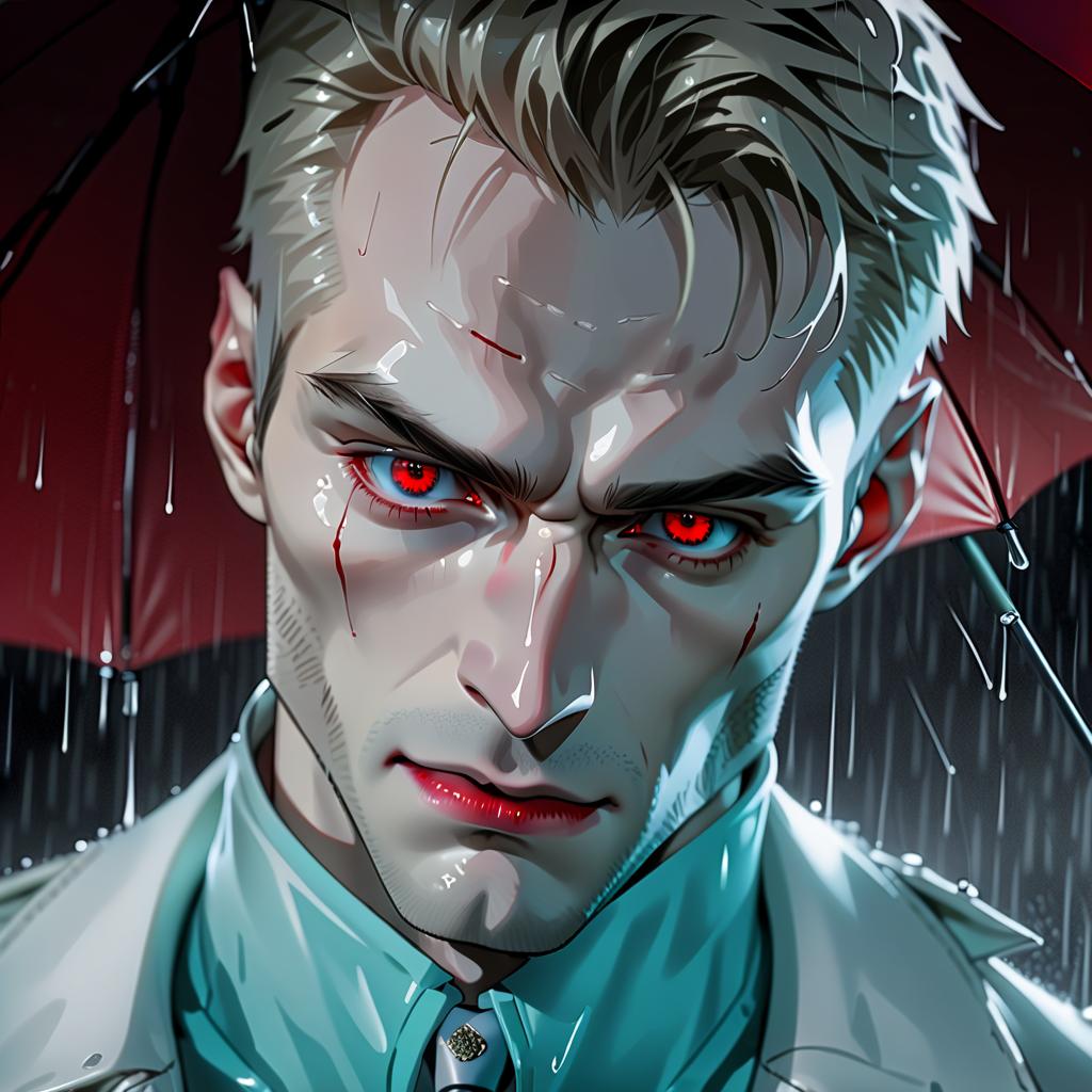  man. vampire. pale skin. beautiful eyes. in a white jacket. under a red umbrella. rain.