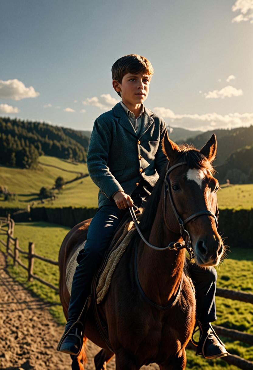  cinematic lighting, a boy riding a horse