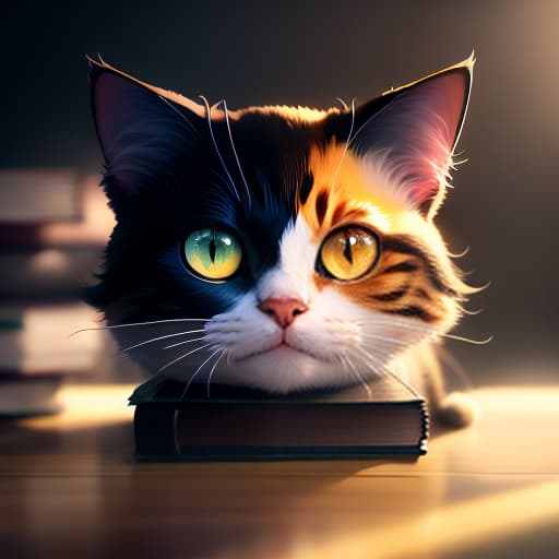  a painted cat lies on books, big head, big eyes, caricature, a caricature, digital rendering, (figurativism:0.8) hyperrealistic, full body, detailed clothing, highly detailed, cinematic lighting, stunningly beautiful, intricate, sharp focus, f/1. 8, 85mm, (centered image composition), (professionally color graded), ((bright soft diffused light)), volumetric fog, trending on instagram, trending on tumblr, HDR 4K, 8K