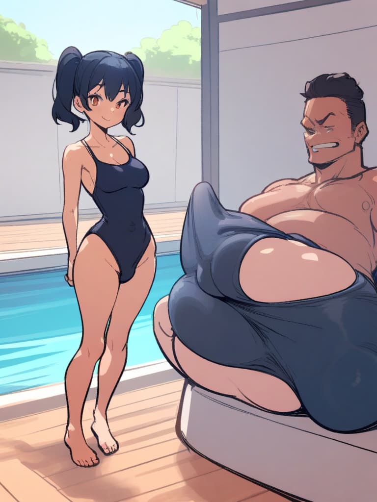  women's elementary , twin tails, cute smiles, big s, big s, low stature, dark blue swimwear, old swimwear, , simple, (bulging), man (bulge), (bulge), shaped clear, clear ( ), ochinchin, front, whole body, pool side,