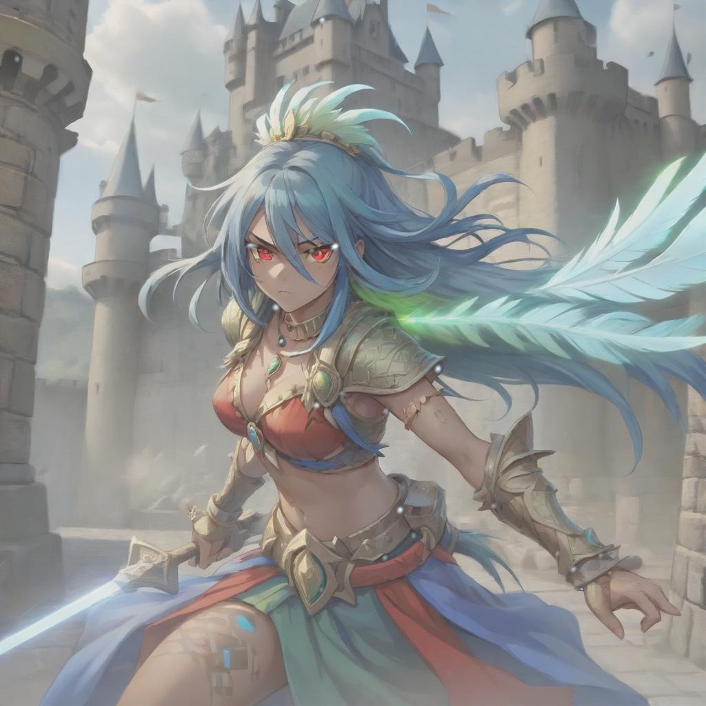  long exposure photo of portrait of strong rage amazonas warrior. red eye. long blue hair. tilting head down, lightgreen mantle, shoulder pad feather, accessory necklace with pearls on the forehead, against the background of the castle siege . blurred motion, streaks of light, surreal, dreamy, ghosting effect, highly detailed, sticker, hkmagic