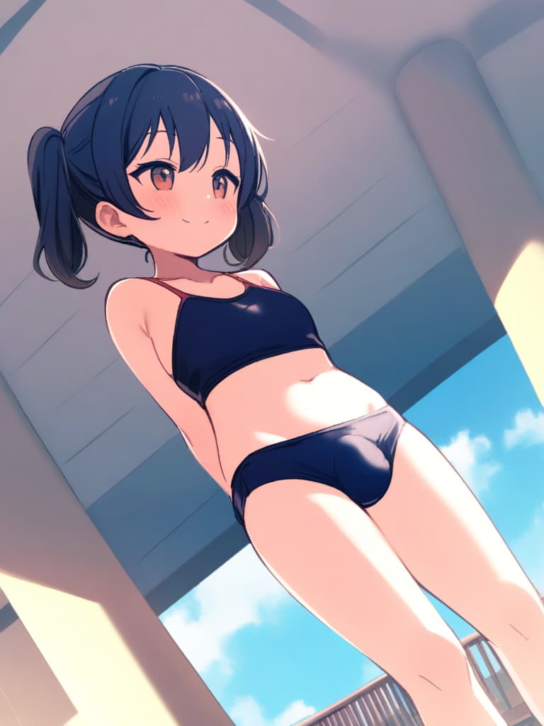  women's elementary students (male), twin tails, cute smiles, (rich s), short stature, dark blue swimwear, old swimwear, swimwear, simple, (upward), upward, (bulge), front, whole body, pool side ,,,