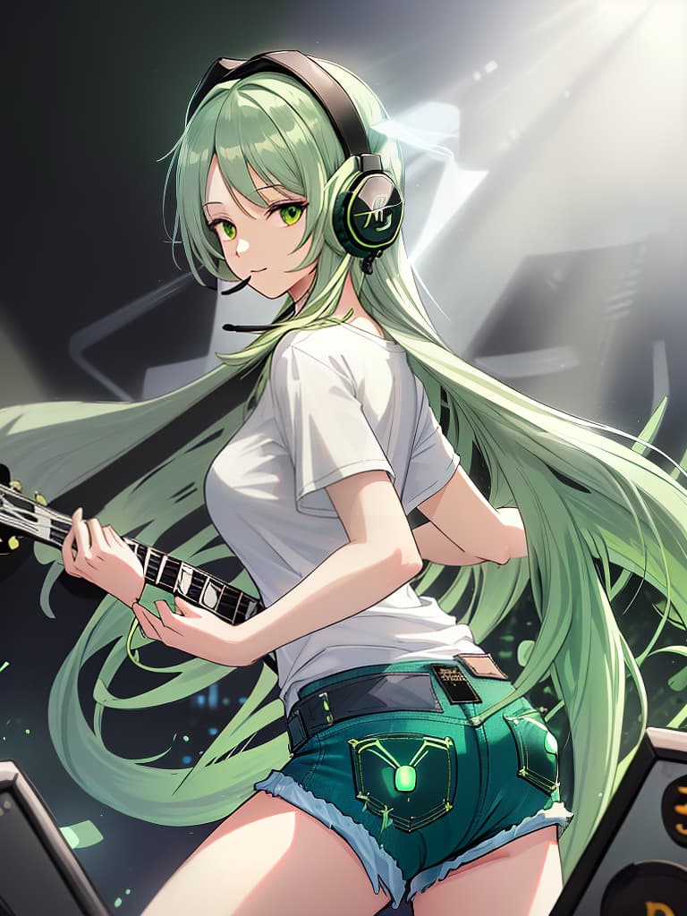  (white background:1.3),(extremely detailed fine touch:1.3),(hard light,studio light,light rays,dappled light,reflection,shadows,ray tracing:1.0),///,,(((green very long hair:1.3))),headphone,forehead,having a bird's eye view,anime style,super fine ilration,highly detailed,dynamic angle,beautiful detailed,8k,on stage break a woman,(((headphone:1.3))),on both ,strumming an electric guitar. she arches her back,closes her eyes and looks joyful. break a spotlight shines on her,(t shirt:1.3),(denim shorts:1.3),(black les paul custom:1.3)