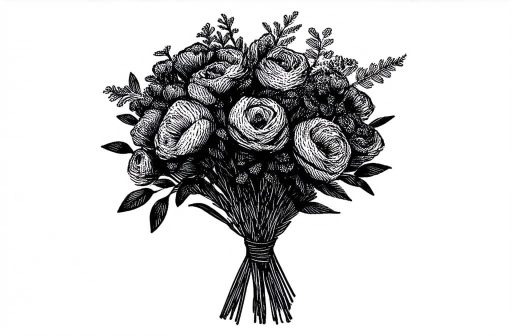  contour, very simple image in one unbroken black ink line, single line of bouquet, engraving illustration, icon isolated on white background ar 3:2 using a single continuous black line ink brushon white background, drawing should be created without lifting the pen, recognizable features of bouquet, engraving illustration, icon isolated on white background ar 3:2 in one unbroken line