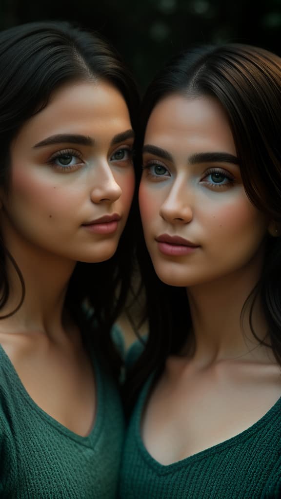  (((excellent masterpiece:1.2))),photo beautiful twins,, hyperrealistic, high quality, highly detailed, cinematic lighting, intricate, sharp focus, f/1. 8, 85mm, (centered image composition), (professionally color graded), ((bright soft diffused light)), volumetric fog, trending on instagram, HDR 4K, 8K