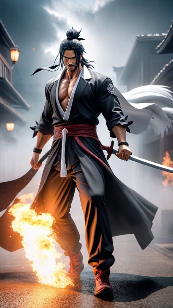  anime art: kenpachi zaraki from bleach revels in combat, withholding his zanpakuto’s name for thrilling battles. hyperrealistic, full body, detailed clothing, highly detailed, cinematic lighting, stunningly beautiful, intricate, sharp focus, f/1. 8, 85mm, (centered image composition), (professionally color graded), ((bright soft diffused light)), volumetric fog, trending on instagram, trending on tumblr, HDR 4K, 8K