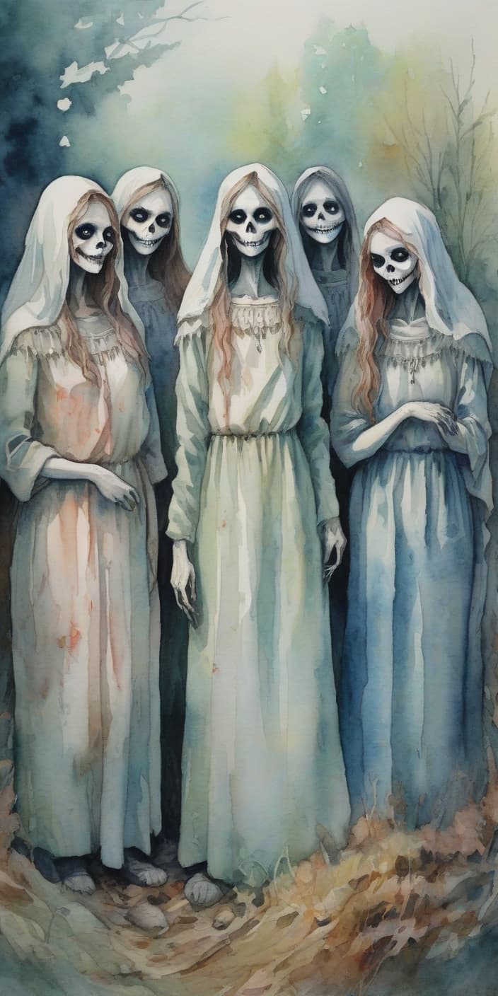  watercolor painting four slavic girls sing a grave, and a ghoul looks out of it . vibrant, beautiful, painterly, detailed, textural, artistic