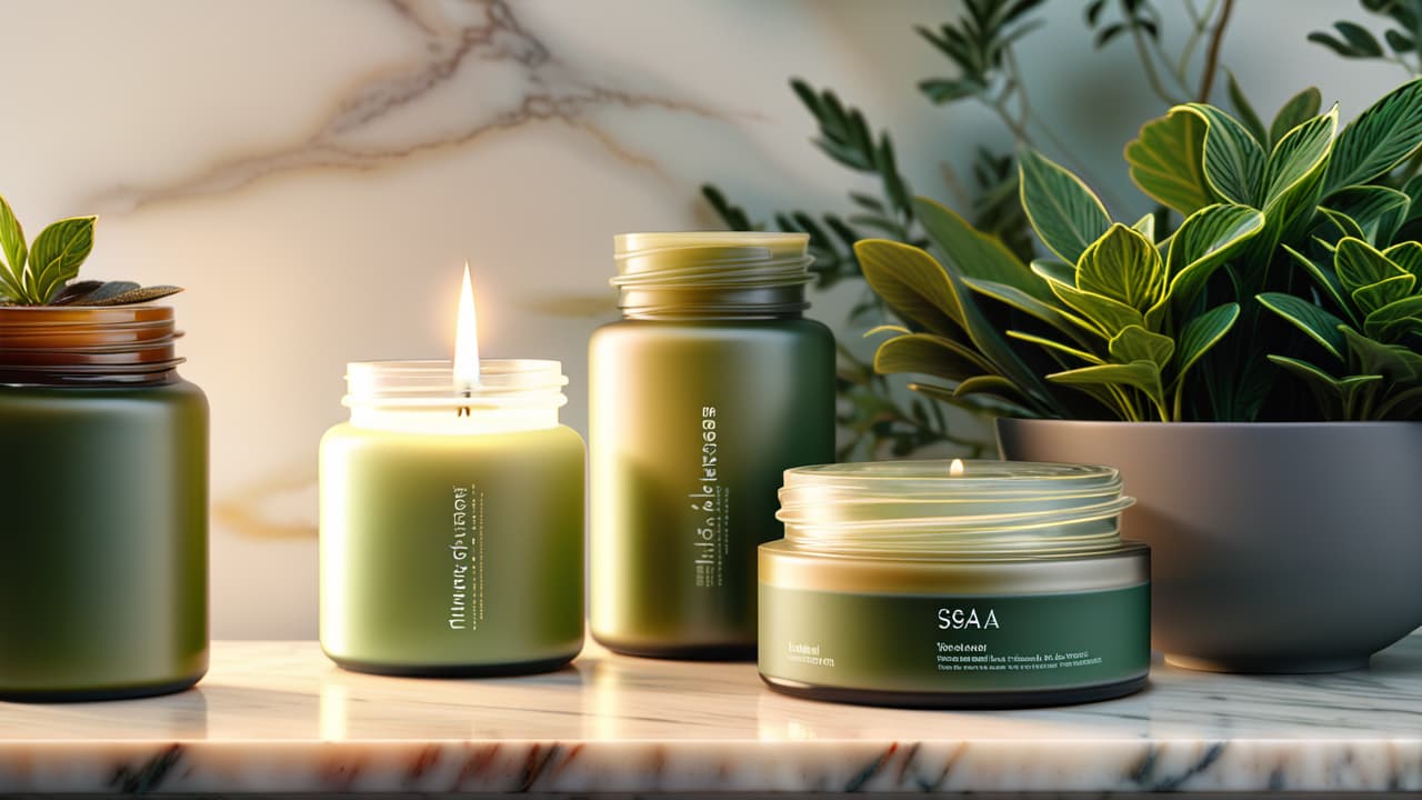  a serene spa setting featuring elegant jars of luxury skincare products arranged on a marble countertop, surrounded by soft candlelight and lush greenery, evoking tranquility and sophistication. hyperrealistic, full body, detailed clothing, highly detailed, cinematic lighting, stunningly beautiful, intricate, sharp focus, f/1. 8, 85mm, (centered image composition), (professionally color graded), ((bright soft diffused light)), volumetric fog, trending on instagram, trending on tumblr, HDR 4K, 8K