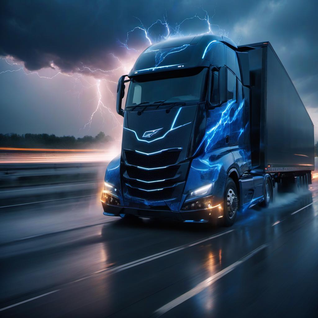  futuristic black truck tractor, road train, image of blue lightning on a semi trailer, aerography dynamically