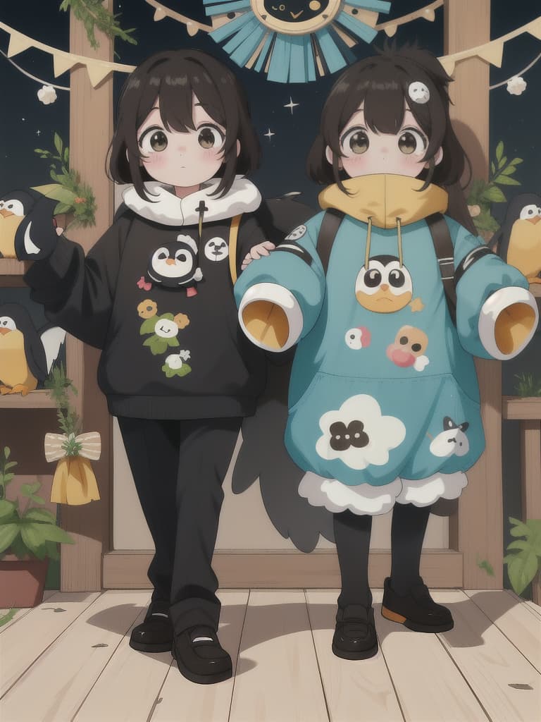  Penguin, Yuru Chara, Mascot, Beautiful Beauty couple, 💩: 1.1, 💩, 💩, 💩, 💩, 💩,, masterpiece, best quality,8k,ultra detailed,high resolution,an extremely delicate and beautiful,hyper detail