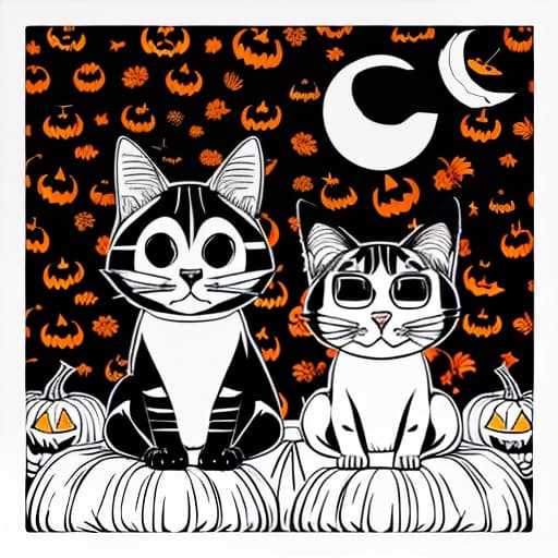  black and white coloring page in procreate style, 2d cartoon style, with the image of two funny cats, one standing, the other sitting next to them. on their heads, like helmets, are pumpkins. halloween atmosphere.