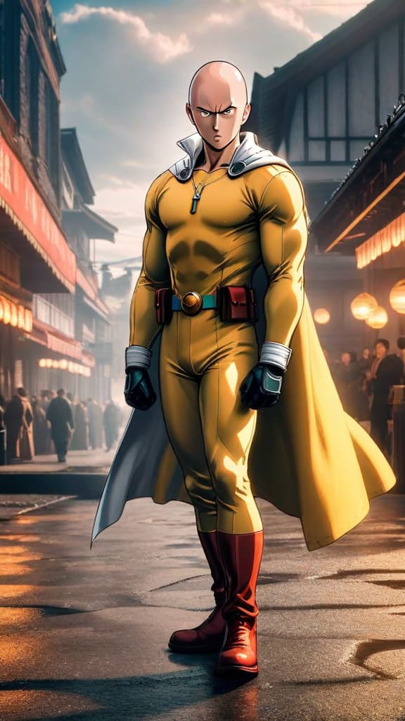  anime art: saitama as a forgotten top hero with mysterious memory loss in one punch man. hyperrealistic, full body, detailed clothing, highly detailed, cinematic lighting, stunningly beautiful, intricate, sharp focus, f/1. 8, 85mm, (centered image composition), (professionally color graded), ((bright soft diffused light)), volumetric fog, trending on instagram, trending on tumblr, HDR 4K, 8K