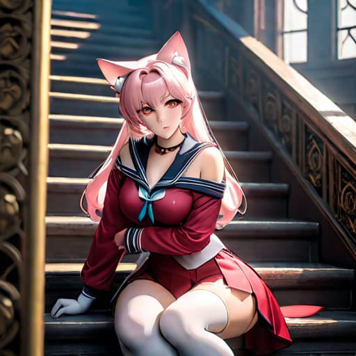  an image of a girl with thin white-pink long hair with cat ears,fantasy sailor outfit with short hitched up,black showing,golden eyes,intense expression,on staircase in a fantasy ,crouching.,panty k hyperrealistic, full body, detailed clothing, highly detailed, cinematic lighting, stunningly beautiful, intricate, sharp focus, f/1. 8, 85mm, (centered image composition), (professionally color graded), ((bright soft diffused light)), volumetric fog, trending on instagram, trending on tumblr, HDR 4K, 8K